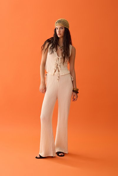 Seersucker Trousers with Beaded Binding Sides Stone