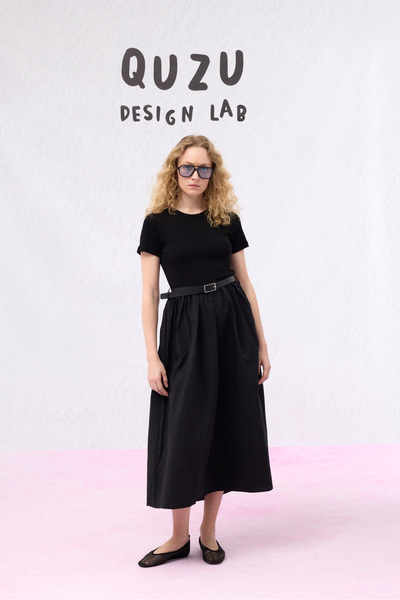 Basic Midi Dress with Belted Waist Black