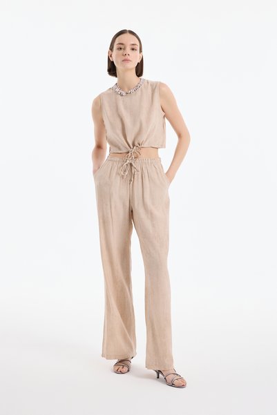Patterned Wide Leg Trousers with Elastic Waist Beige