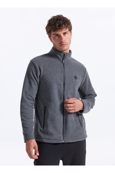 D5Wm-Swt3301 Anthracite Melange Stand Collar Basic Plain Men's Fleece Sweatshirt