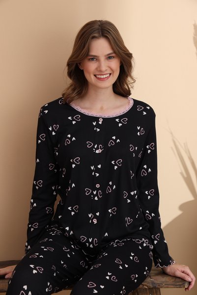 Heart Pattern Cares Knitted Lycra Long Sleeve Women's Pajama Set