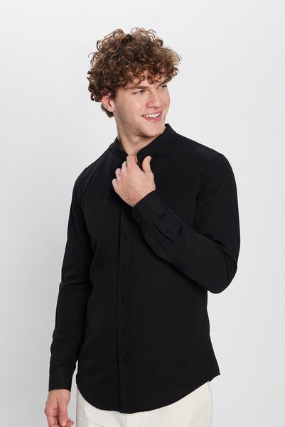 Men's Slim Fit, Slim Cut, Cotton, Easy-Iron, Black, Judge Collar Shirt