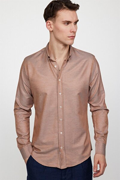 Slim fit машка кошула со долги ракави, јака на копчиња, памучна, лесна за пеглање, еднобојна