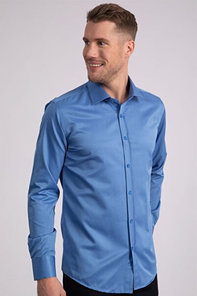 Машка модерна Slim Fit еднобојна сатенска памучна сина кошула