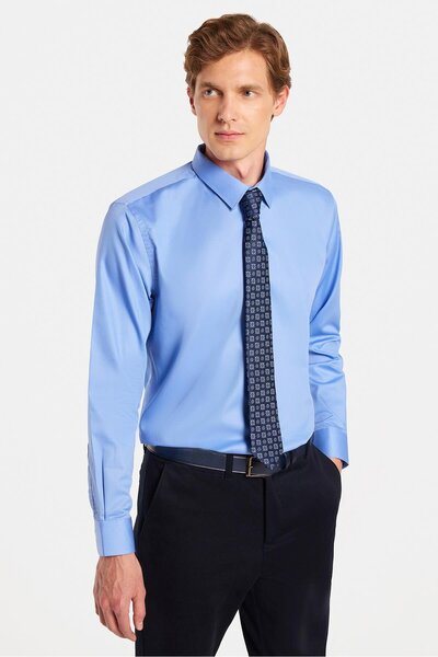 Машка сина кошула со долги ракави, тесен крој Slim Fit, памучна, не бара пеглање