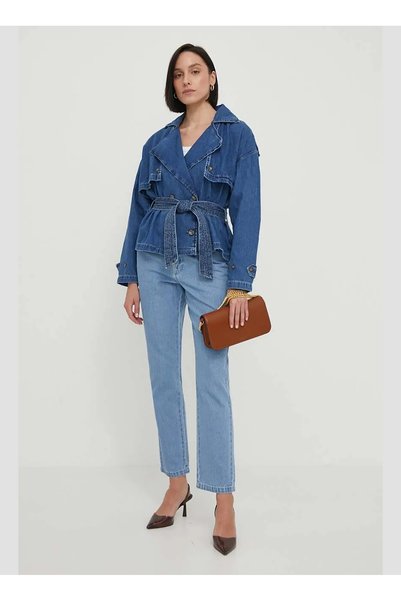Belted Dark Blue Women's Denim Jacket Pl402380