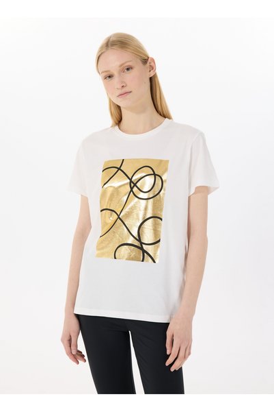 Lemon Round Neck Printed Ecru Women's T-Shirt L5Sl-Tst5811