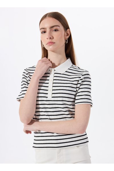 Polo Neck Striped Black - White Women's T-Shirt M5Sl-Tst1159
