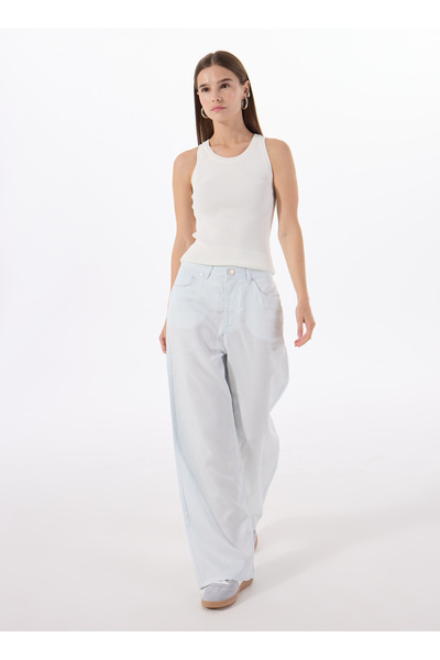 Blue Women's Wide Leg Loose Cut Washed 100% Lyocell Denim Trousers M5Sl-Pnt1001