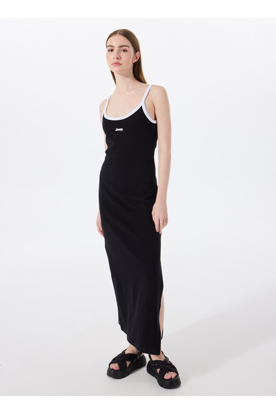 U Neck Plain Black Long Women's Dress J5Sl-Elb7001