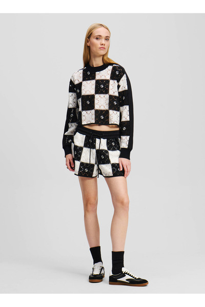 Jeans Crew Neck Crop Plaid Black - White Sweater Women's A2W18030