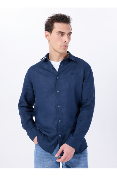 Navy Blue Men's Relaxed Fit Embroidered 100% Linen Shirt M5Wm- Gml1557