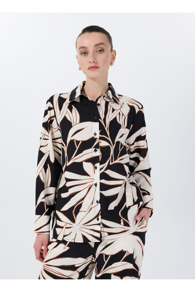 Beige Women's Comfortable Patterned 100% Linen Shirt Fc5Sl-Gml0146