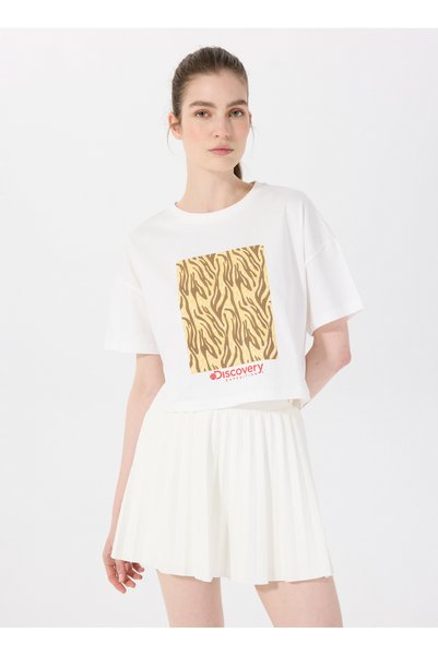 D5Sl-Tst3641 Off-White Crew Neck Crop Printed Women's T-Shirt
