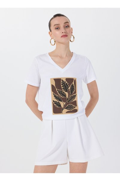 White Women's Basic Printed T-Shirt F5Sl-Tst0454