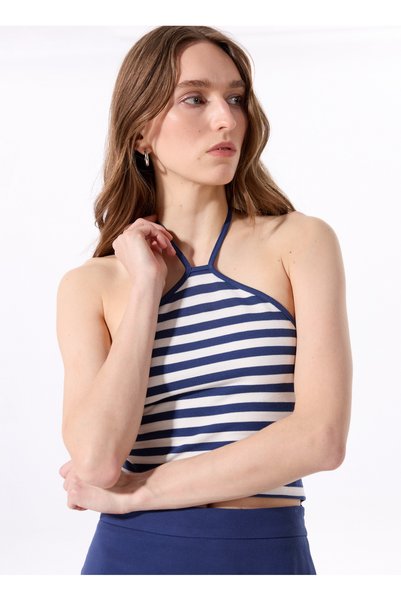 Halter Neck Striped Navy Blue Women's T-Shirt J5Sl-Tst7063