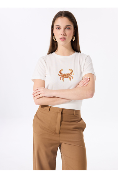 Crew Neck Sequined Off-White Women's T-Shirt F5Sl-Tst0381