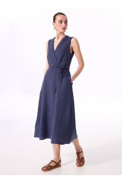 Double Breasted Collar Plain Navy Blue Midi Women's Dress F5Sl-Elb0397