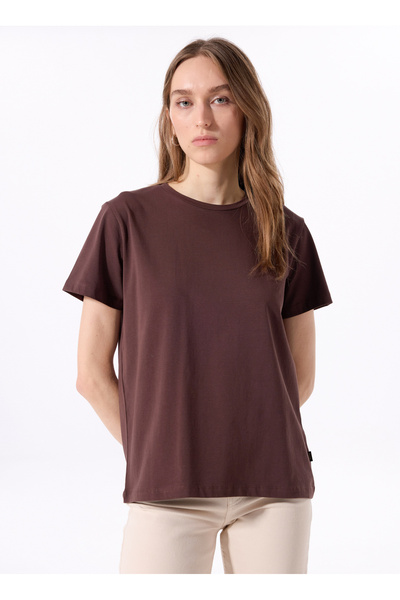 Crew Neck Plain Brown Women's T-Shirt J5Sl-Tst7186