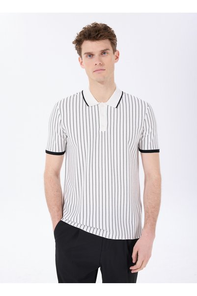 White Men's Polo Neck Basic Striped Sweater F5Sm-Kzk 2074