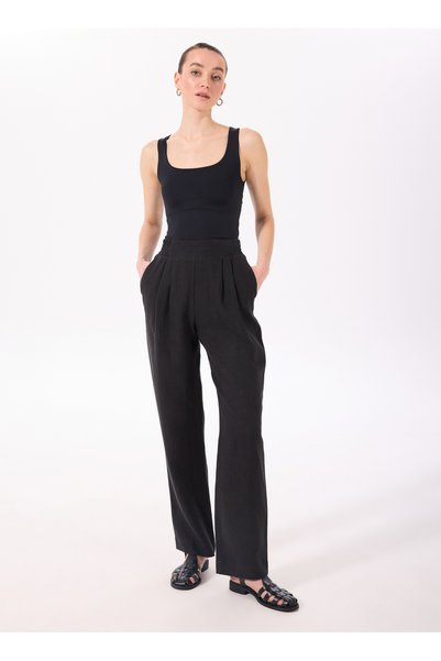 Black Women's 100% Linen Flare Pants F5Sl-Pnt0052