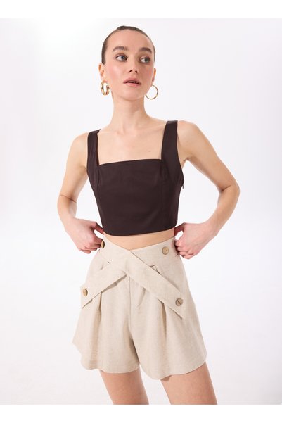 Square Collar Plain Brown Women's Blouse F5Sl-Blz0040