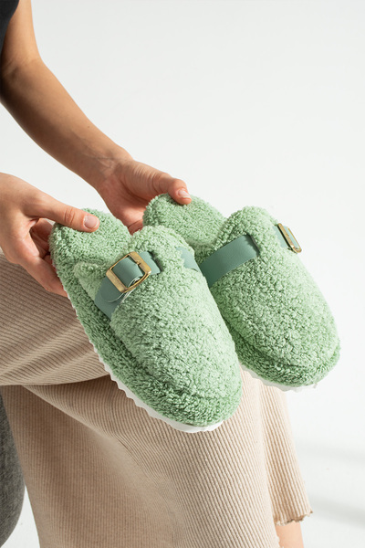 Green Buckle Towel Winter Women's Slippers