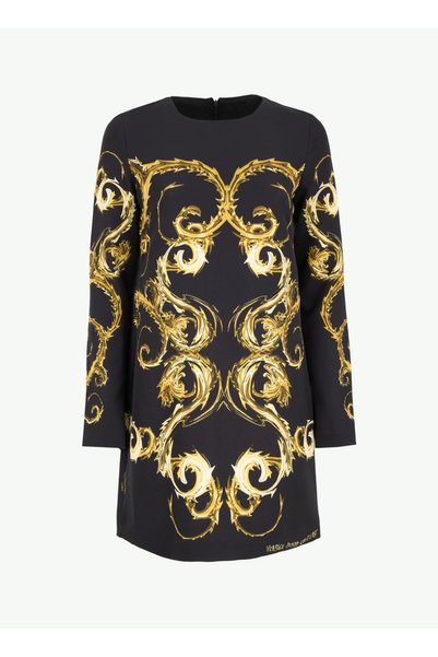 Round Neck Patterned Black Standard Women's Dress 77Hao9P1