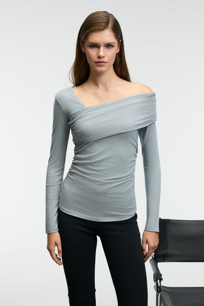 Velmea Women's Asymmetrical Collar Shoulder Detail Slim Fit Light Gray Blouse