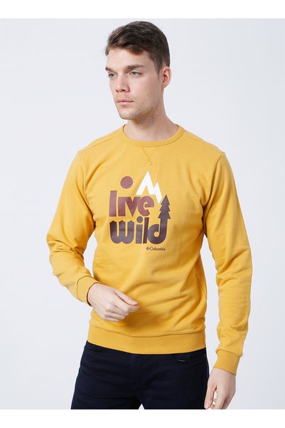 CS0200 Yellow Men's Hooded Collar Regular Fit Printed Sweatshirt