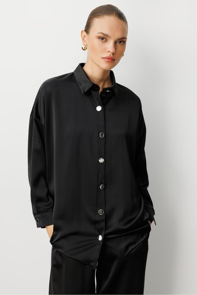 Black Satin Tunic Shirt with Metal Buttons