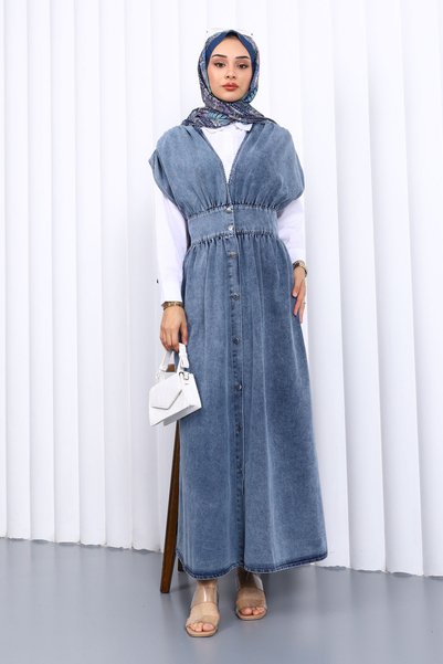 Blue Double Breasted Collar Buttoned Denim Dress