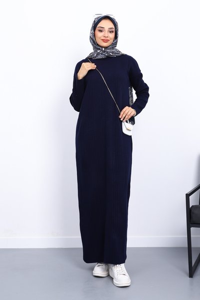 Navy Blue Stand Collar Ribbed Knit Dress