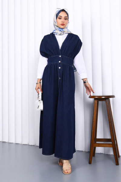 Navy Blue Double Breasted Buttoned Denim Dress