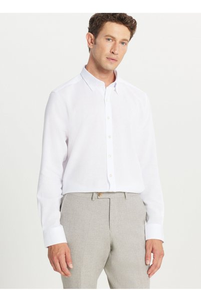 Tailored Fit Buttoned Collar White Men's Shirt Ace020261604_Byz