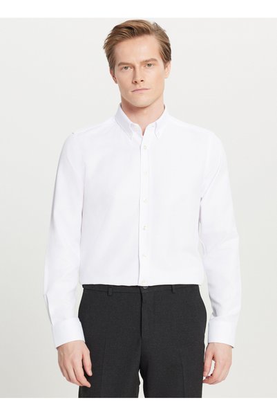 Tailored Fit Buttoned Collar White Men's Shirt Ace020261599_Byz