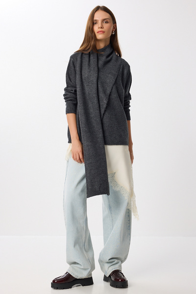 Scarf Asymmetric Knitwear Sweater Lmw0025 Anthracite