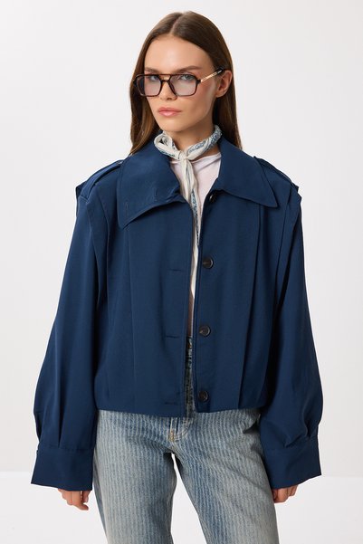 Padded Pleated Short Trench Coat Ldp0083 Dark Blue