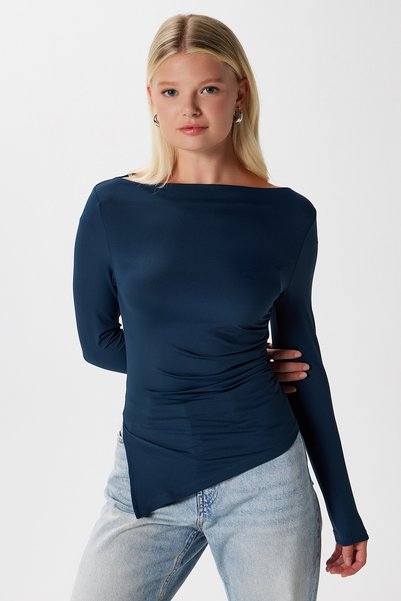 Women's Most Polyamide Asymmetrical Navy Blue Long Sleeve Blouse