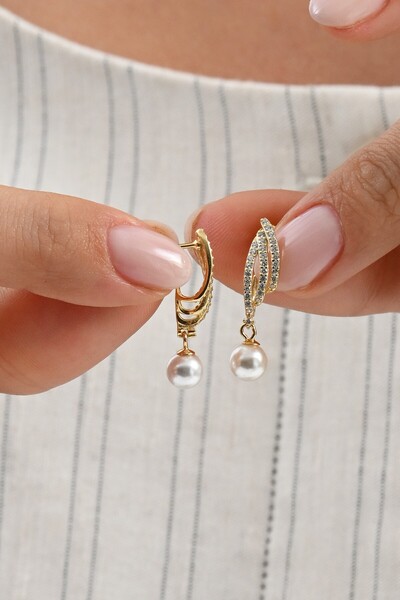 Silver gold plated zircon stone dangling pearl earrings SGTL13021GOLD