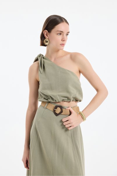 Single Shoulder Linen Crop Blouse Khaki with Binding Detail