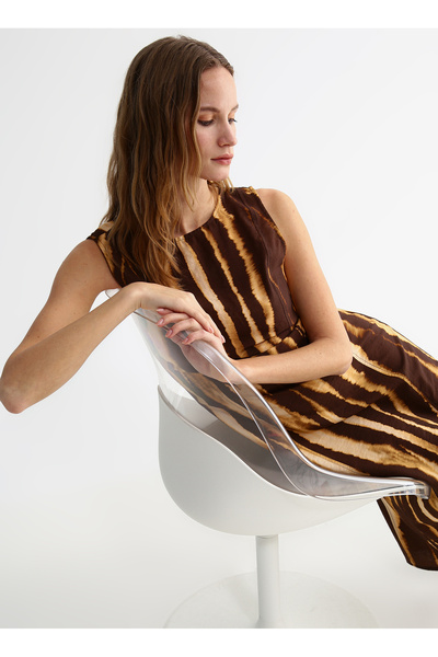 Crew Neck Patterned Brown - Beige Midi Women's Dress Cm-Martas