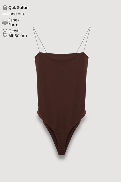 Snap Fastener Thin Strap Bodysuit Dark Brown
