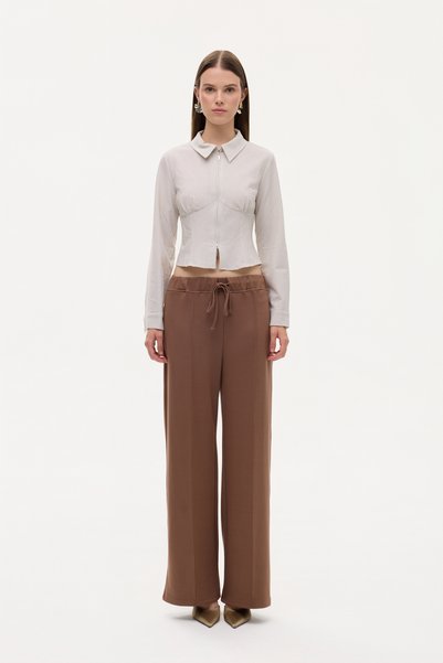 Soft Textured Wide Leg Trousers with Stitching Detail Brown
