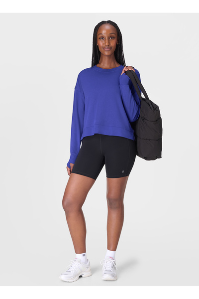Sb10232-400 after Class Crop Sweats Blue Crew Neck Regular Plain Women's Sweatshirt