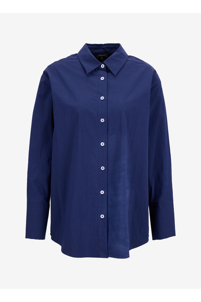 Loose Fit Shirt Collar Plain Navy Blue Women's Shirt F5Wl-Gml0105