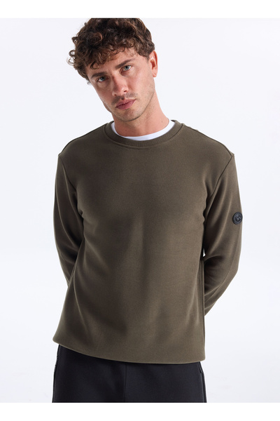 D5Wm-Swt3940 Khaki Crew Neck Relaxed Plain Men's Sweatshirt