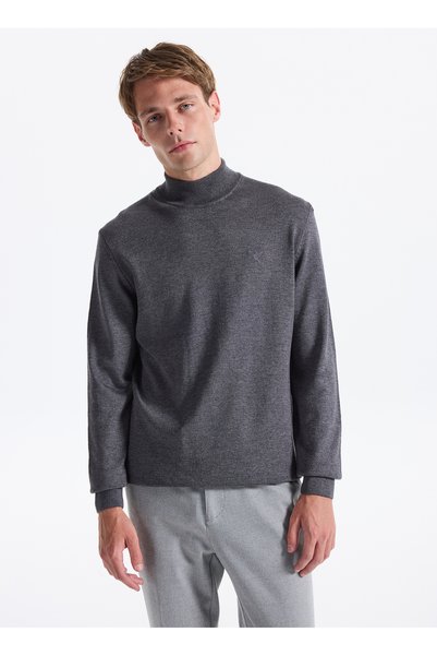 Half Turtleneck Basic Plain Gray Melange Men's Sweater F5Wm-Kzk 2554