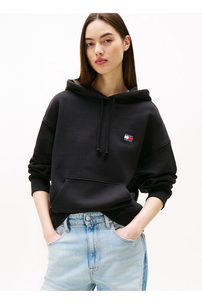 Hooded Collar Printed Black Women's Sweatshirt Dw0Dw19414Bds