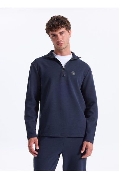 D5Wm-Swt3986 Navy Blue Stand Collar Relaxed Plain Men's Sweatshirt